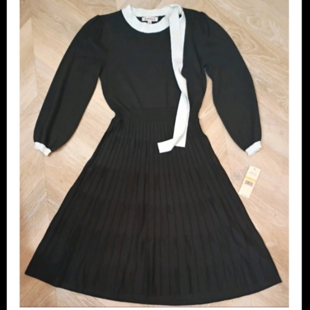 Nanette Lepore Shimmer Knit Sweater Dress S | White Collar & Pleated Skirt NWT